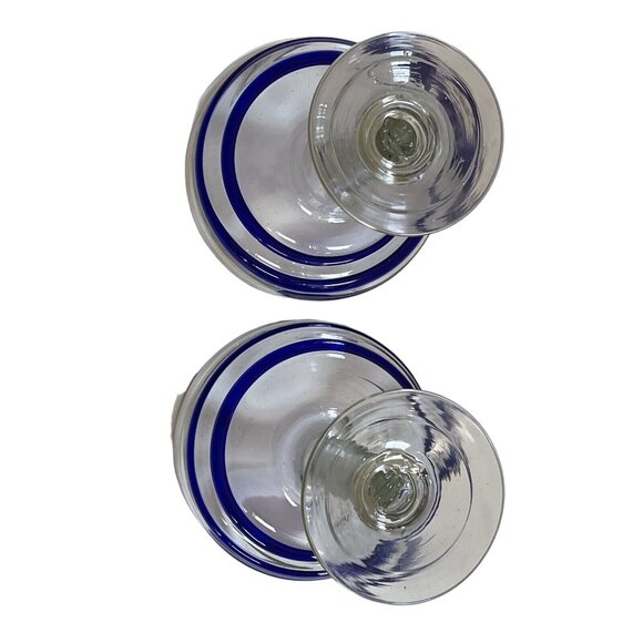 Set of 2 heavy Margarita glasses unbranded clear blue swirl hand blown 7” tall - Picture 3 of 6